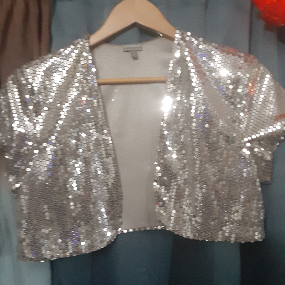 Silver Sequin Crop Jacket by Charlotte Russe